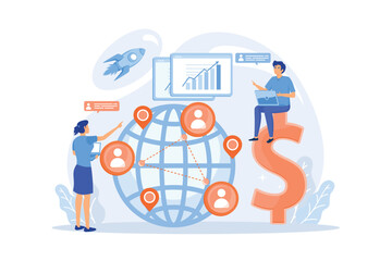 Wall Mural - Salespeople team working remotely with customers all over the world and dollar sign. Virtual sales, remote sales method, virtual sales team concept. flat vector modern illustration