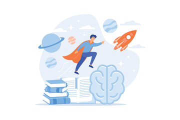 Open book, brain and user flying in space among planets. Imagination and vision, creative thinking, ideas and fantasy, motivation and inspiration concept. flat vector modern illustration