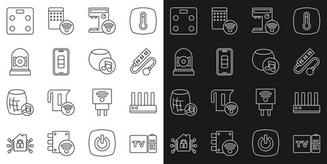 Poster - Set line Multimedia and TV box receiver, Electric extension cord, Smart coffee machine, Smartphone battery charge, Ringing alarm bell, bathroom scales and Voice assistant icon. Vector