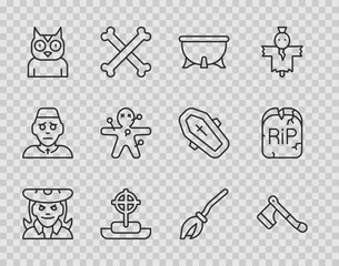 Sticker - Set line Witch, Wooden axe, Halloween witch cauldron, Tombstone with cross, Owl bird, Voodoo doll, Witches broom and RIP written icon. Vector