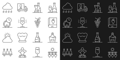 Sticker - Set line Drying grapes, Old bottle of wine, Book about, Bottle, Wine glass, Wooden barrel for, Cloud with rain and Bunch icon. Vector