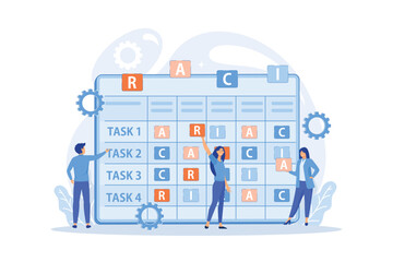 Wall Mural - Tiny business people at responsibility chart with tasks. RACI matrix, responsibility assignment matrix, linear responsibility chart concept. flat vector modern illustration