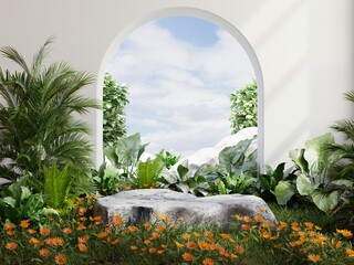 Rock podium in tropical forest for product presentation Behind is a view of the sky.
