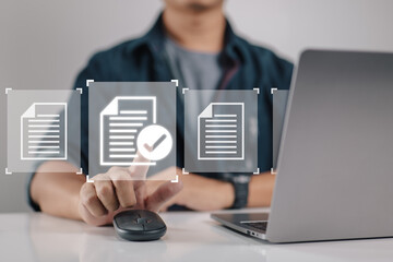 Aufkleber - For paperless quality assurance and an online approval process, a laptop computer with a virtual screen and document is used.