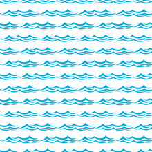 Sea And Ocean Waves Seamless Pattern. Fabric Or Textile Summer Wrapping Paper Or Vector Marine Background With Sea Or Ocean, River Stream Water Blue Waves