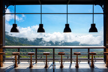 The Wooden Counter Table And Chair With Mountain View Point At Pino Latte, Khao Kho, Phetchabun, Thailand.