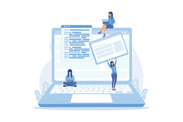 A girl makes a post on big laptop. Bloger is shareing information in weblog, online journal or informational website. Bloging and personal web log concept. Violet palette.