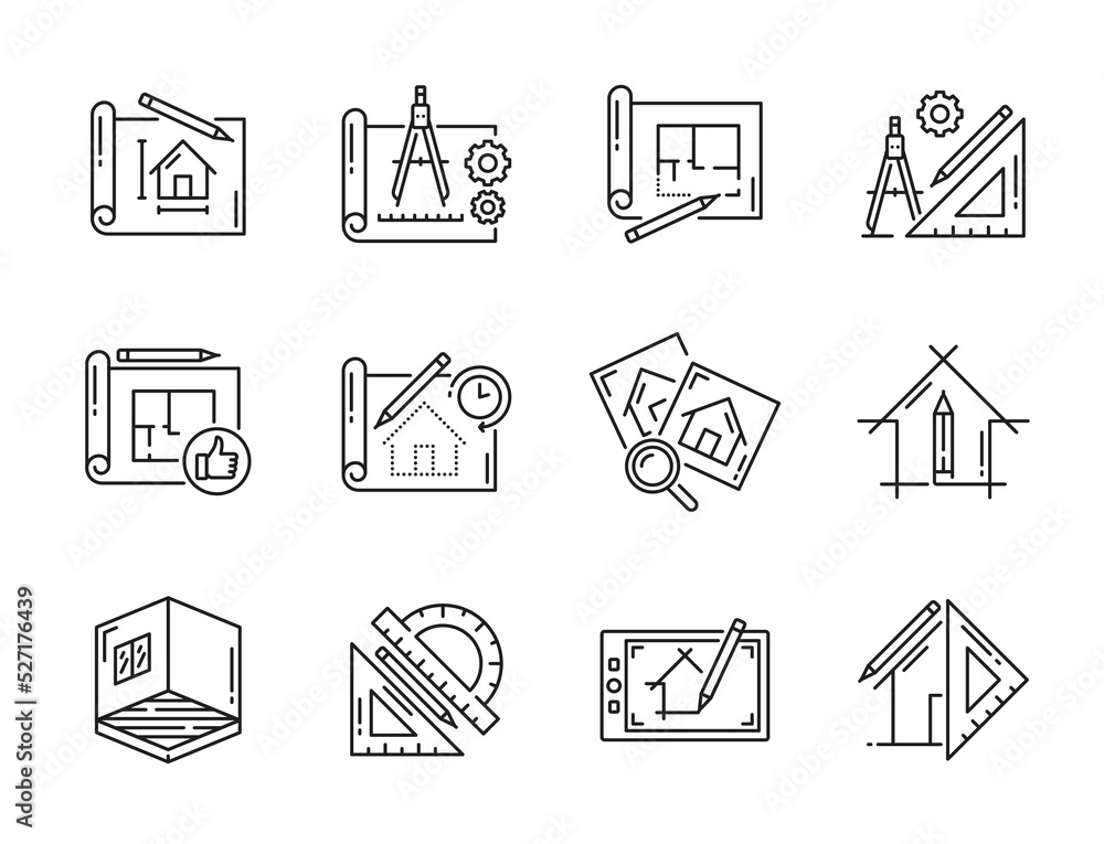 Architrect Icon Architect development and interior design icons, vector house plan and ...
