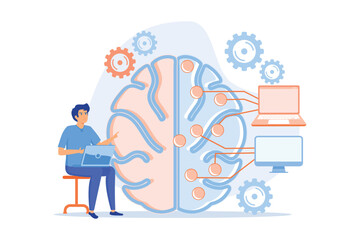 Brain with digital circuit and programmer with laptop. Machine learning, artificial intelligence, digital brain and artificial thinking process concept. flat vector modern illustration