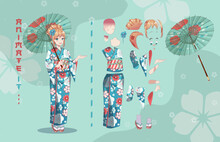 Anime Girl In Kimono With Umbrella Characters For Animation