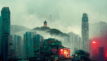 Hong Kong City Realistic Illustration. Architecture