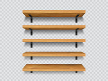 Wooden Store Shelves, 3d Vector Empty Bookshelves Hanging On Wall. Brown Timber Planks For Storage Or Gallery Exhibition. Wood Rack For Food Grocery Products, Books. Realistic Stand Mockup