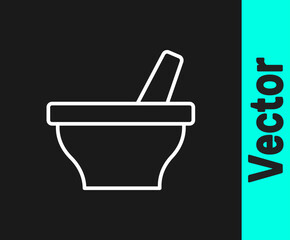 Poster - White line Mortar and pestle icon isolated on black background. Vector