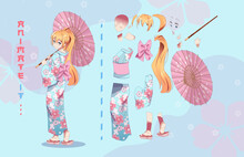 Anime Girl In Kimono With Umbrella Characters For Animation