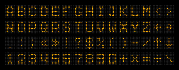 scoreboard font, led board alphabet or airport display type letters, vector digital panel. scoreboar