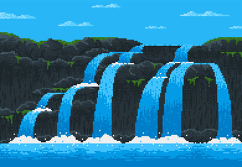 8 bit pixel game waterfall cascade landscape for video arcade level, vector background. 8bit water f