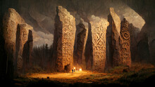 Ancient Stone Stela With Patterns. Weird, Strange And Mystery Alien Stone Pillars At Night. Concept Art Scenery. Book Illustration. Video Game Scene. Serious Digital Painting. CG Artwork Background.

