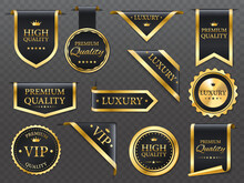 Premium, Luxury Golden Labels, Banners And Ribbon Corners, Vector Premium Quality Badges. Luxury Tags And VIP Product Gold Emblems Or Sticker Seals With Premium Quality Star And Crown On Silky Ribbon