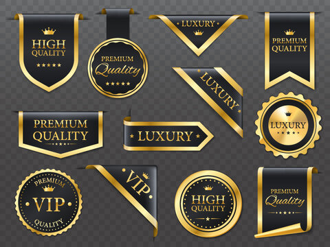 Premium, luxury golden labels, banners and ribbon corners, vector premium quality badges. Luxury tags and VIP product gold emblems or sticker seals with premium quality star and crown on silky ribbon