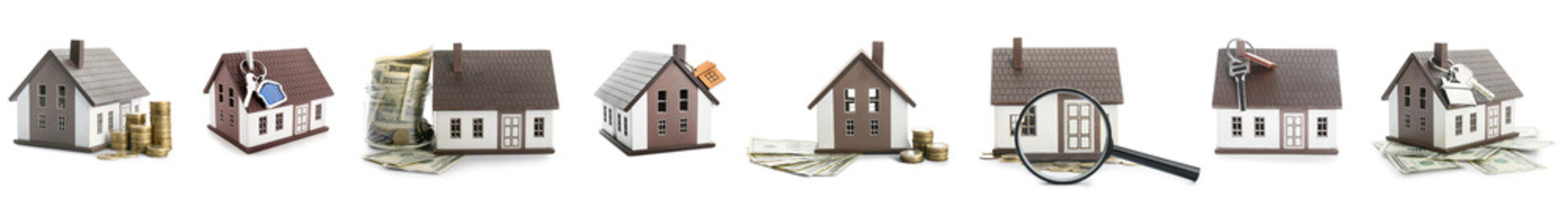 Poster - Set of house figures with key and money on white background