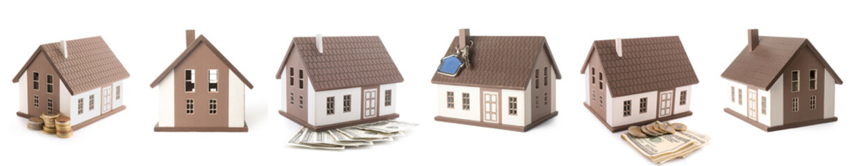 Poster - Set of house figures with key and money on white background