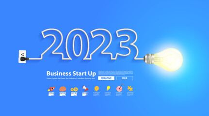 Wall Mural - 2023 new year design with creative light bulb idea, Inspiration business plan, marketing strategy, teamwork, brainstorm ideas concept, Vector illustration modern design layout template