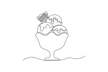 Continuous one line drawing fresh ice cream with topping in cup. Dessert concept. Single line draw design vector graphic illustration.