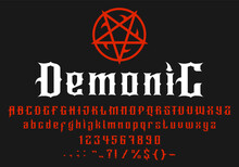 Devil Font Alphabet, Horror Goth Typography And Demon Evil Typeface, Vector Type. Satan Occult Font Or Devil Ritual Gothic Type And Pentagram Letters, Bloody Red Demonic Hell Typeset