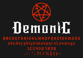 Devil font alphabet, horror goth typography and demon evil typeface, vector type. Satan occult font or devil ritual gothic type and pentagram letters, bloody red demonic hell typeset