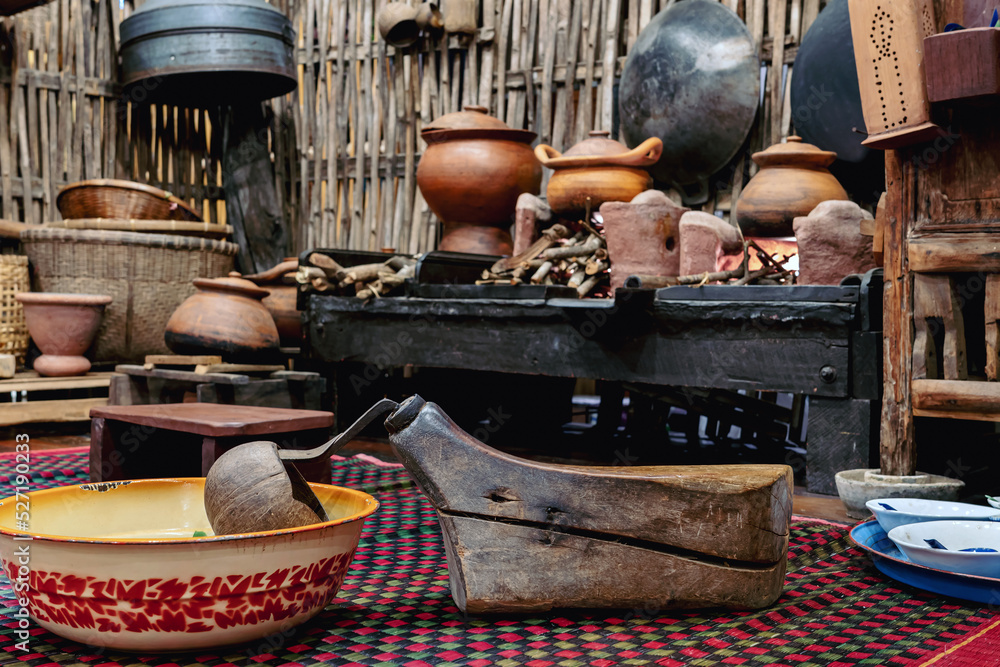 Variety and types of utensils for simple cooking of Asian families in ...