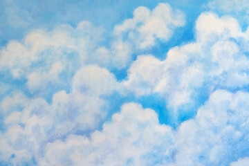 Wall Mural - Beautiful painting of clouds and sky on cement wall. Scratched blue wall texture(backdrop surface). Concrete wall with clouds and sky picture. Abstract beautiful pattern clouds on blue sky background.