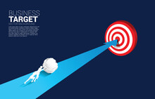 Silhouette Of Businessman Pushing The Rock On Arrow To Target. Concept Of Business Challenge And Work Hard.