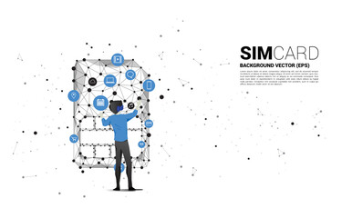 Poster - Silhouette man wear VR glasses and dot connect line shaped sim card icon. Concept for mobile sim card technology and network.