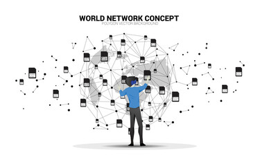 Poster - Silhouette man wear VR glasses and dot connect line and sim card icon. Concept for mobile sim card technology and network.