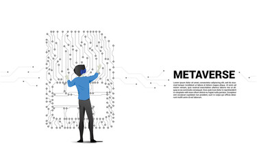 Poster - Silhouette man wear VR glasses and dot connect line shaped sim card icon. Concept for mobile sim card technology and network.