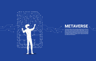 Poster - Silhouette man wear VR glasses and dot connect line shaped sim card icon. Concept for mobile sim card technology and network.