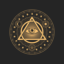 Prediction Eye, Occult And Esoteric Tarot Magic Symbol With Pentagram Ethnic Amulet. Vector Occultism Holistic Vision Sign, Tribal Chakra, All Seeing Eye
