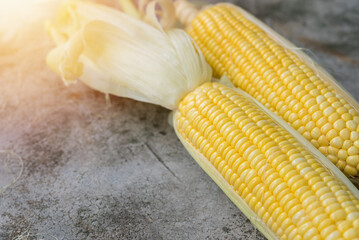 Wall Mural - Yellow Sweet corn on wood  background , Yellow Corn, sweet corn, healthy organic food, bio nutrition