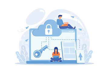 Wall Mural - Architect and engineer working on technologies and controls to protect data and applications. Cloud computing and cloud information security concept. flat vector modern illustration