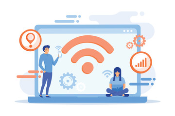 Wall Mural - Business people using laptop and smartphone with WiFi connection. Wi-fi connection, WiFi communication technology, free internet services concept. flat vector modern illustration