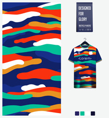 Soccer jersey pattern design. Fluid pattern on colorful background for soccer kit, football kit, sports uniform. T-shirt mockup template. Fabric pattern. Abstract background. 