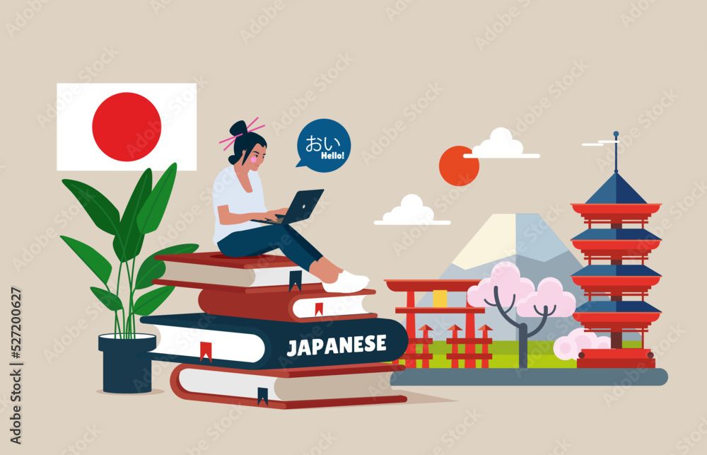 Japanese language course. Japanese dictionary. Distant education technology  for language school. Vector illustration. Stock Vector | Adobe Stock