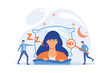 Businessman sleeping in bed and snoring, angry awake tiny people listening. Night snoring, sleep apnea syndrome, snoring and apnea treatment concept. flat vector modern illustration