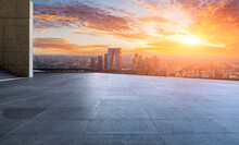 Empty Floor And Modern City Skyline With Building At Sunset In Suzhou, China. High Angle View.