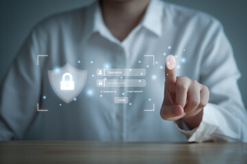 Fototapete - Cyber security concept. protection of privacy personal data. information security and encryption, fingerprint scan and biometric authentication to connect username and password for unlock system.