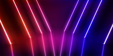 Aufkleber - Illuminated interior with empty stage with neon glowing lamps. 3d vector illustration