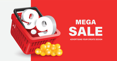 White 9.9 Place text in a red shopping cart with a yellow balloons in front of it for promotion MEGA SALE day seven month seven,vector 3d isolated on white background for shopping ad design