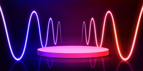 Aufkleber - Illuminated interior with empty stage and red neon lights. 3d vector illustration