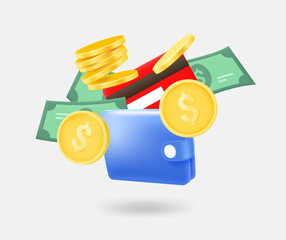 Poster - Bank card, coins and banknotes. Payment concept. 3d vector isolated illustration