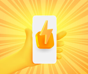Leinwandbilder - Cute comic hand with app icon with lightning on smartphone. 3d vector illustration